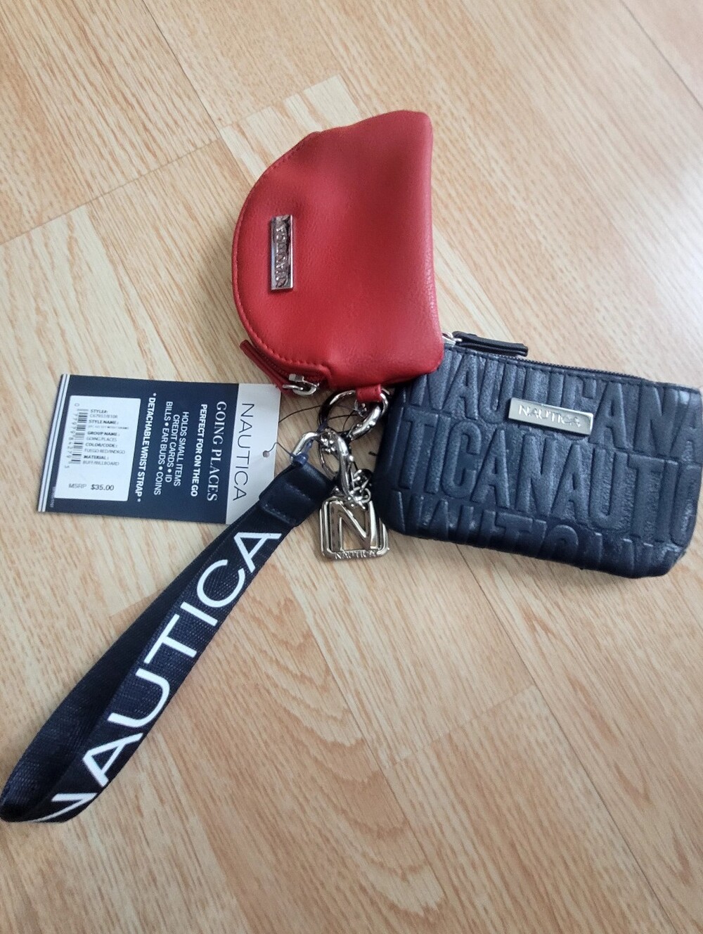 Nautica $35 Black Embossed Key Pouch with Red Coin Case and Branded Wristlet 4x3